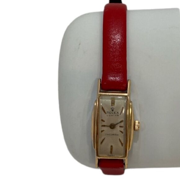 Rolex Vintage Swiss Oyster Perpetual Yellow Gold Red Leather Strap Women's Watch - Picture 16 of 17